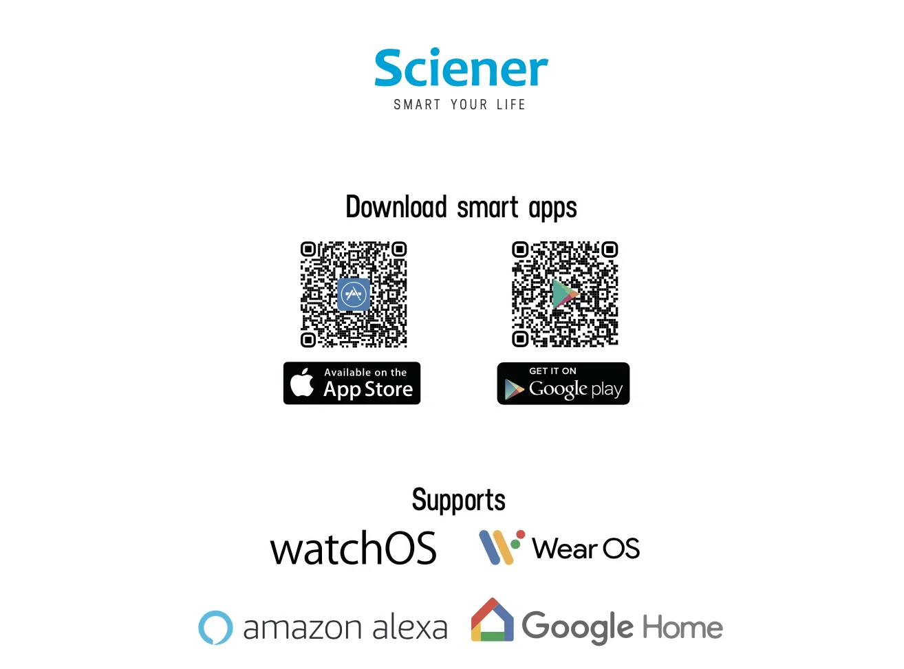 Smart lock companion app download page with App Store and Google Play QR codes