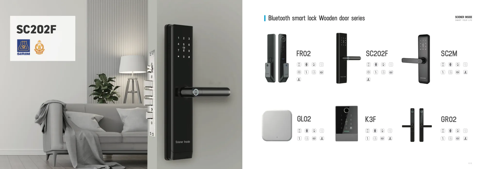 Bluetooth smart lock range for wooden doors, including models SC202F, FR02, SC2M, GL02, K3F and GR02